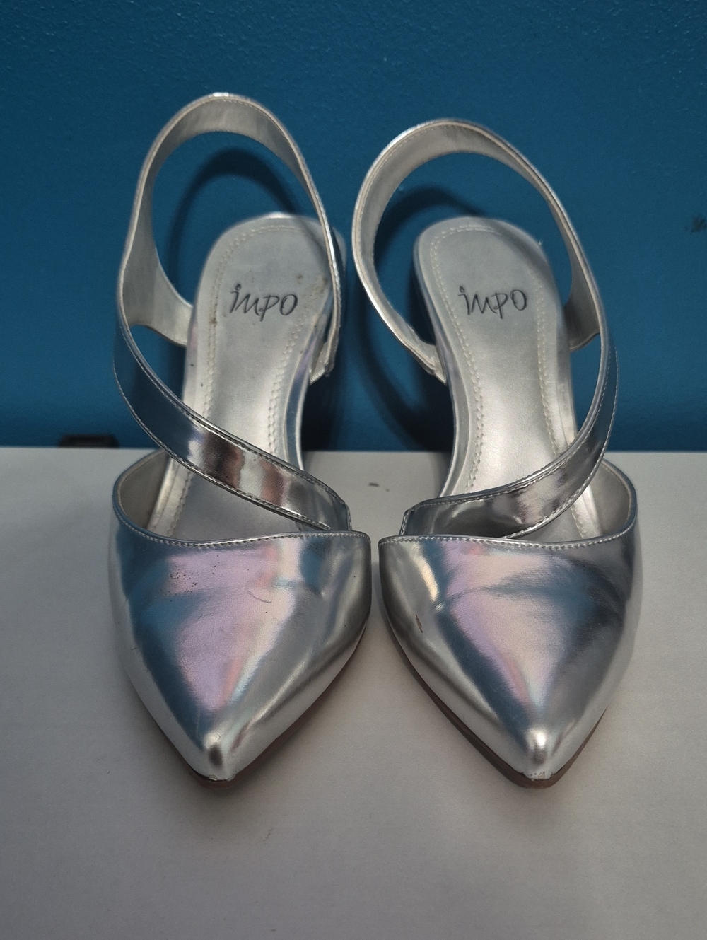 Impo Metallic Silver Pointed Slingback Heels